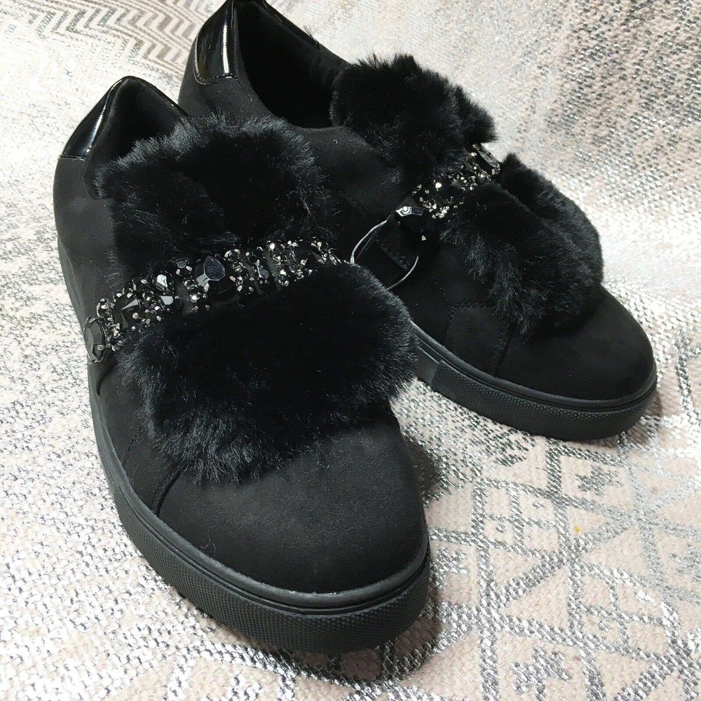 Ashley Stewart Women's Sz 9 Black Faux Suade Fur‎ Loafer Gem Stone Embellished